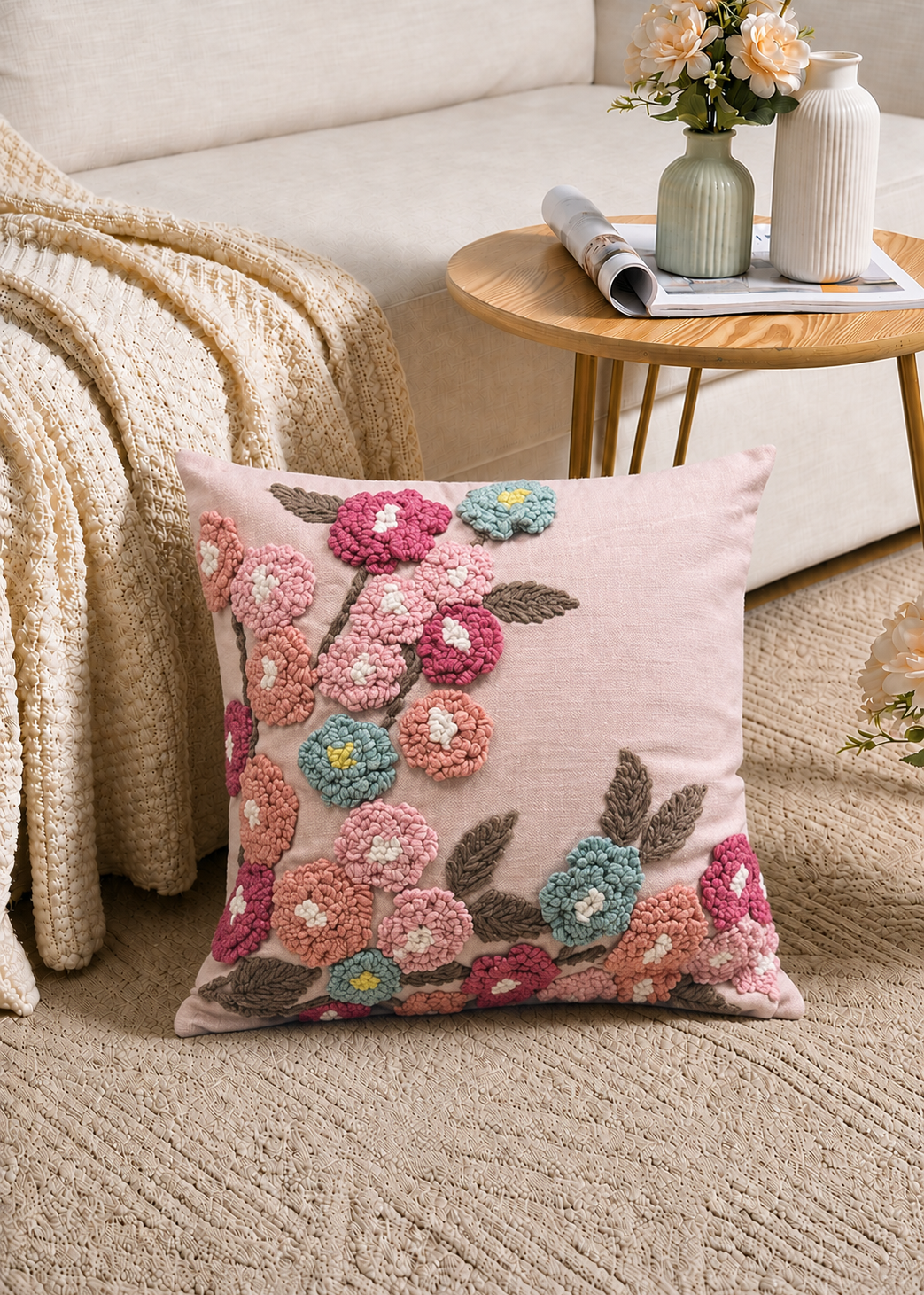 Pink Embroidered Floral Cushion Cover