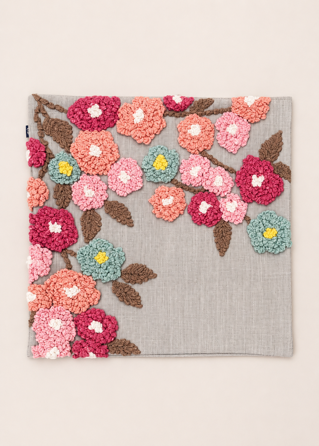 Grey Embroidered Floral Cushion Cover