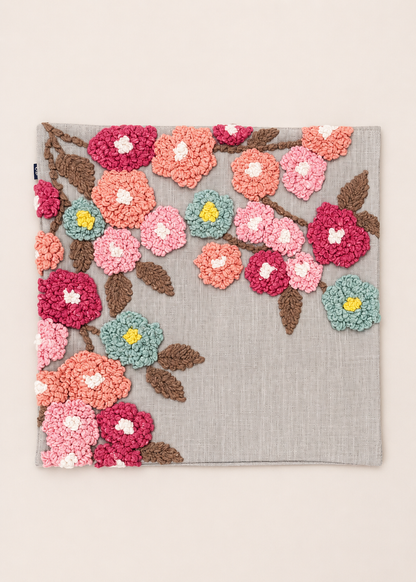 Grey Embroidered Floral Cushion Cover