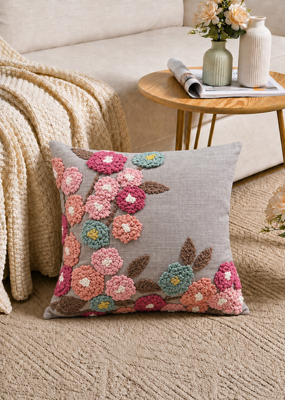 Grey Embroidered Floral Cushion Cover