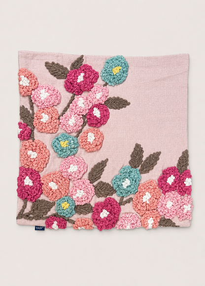 Pink Embroidered Floral Cushion Cover