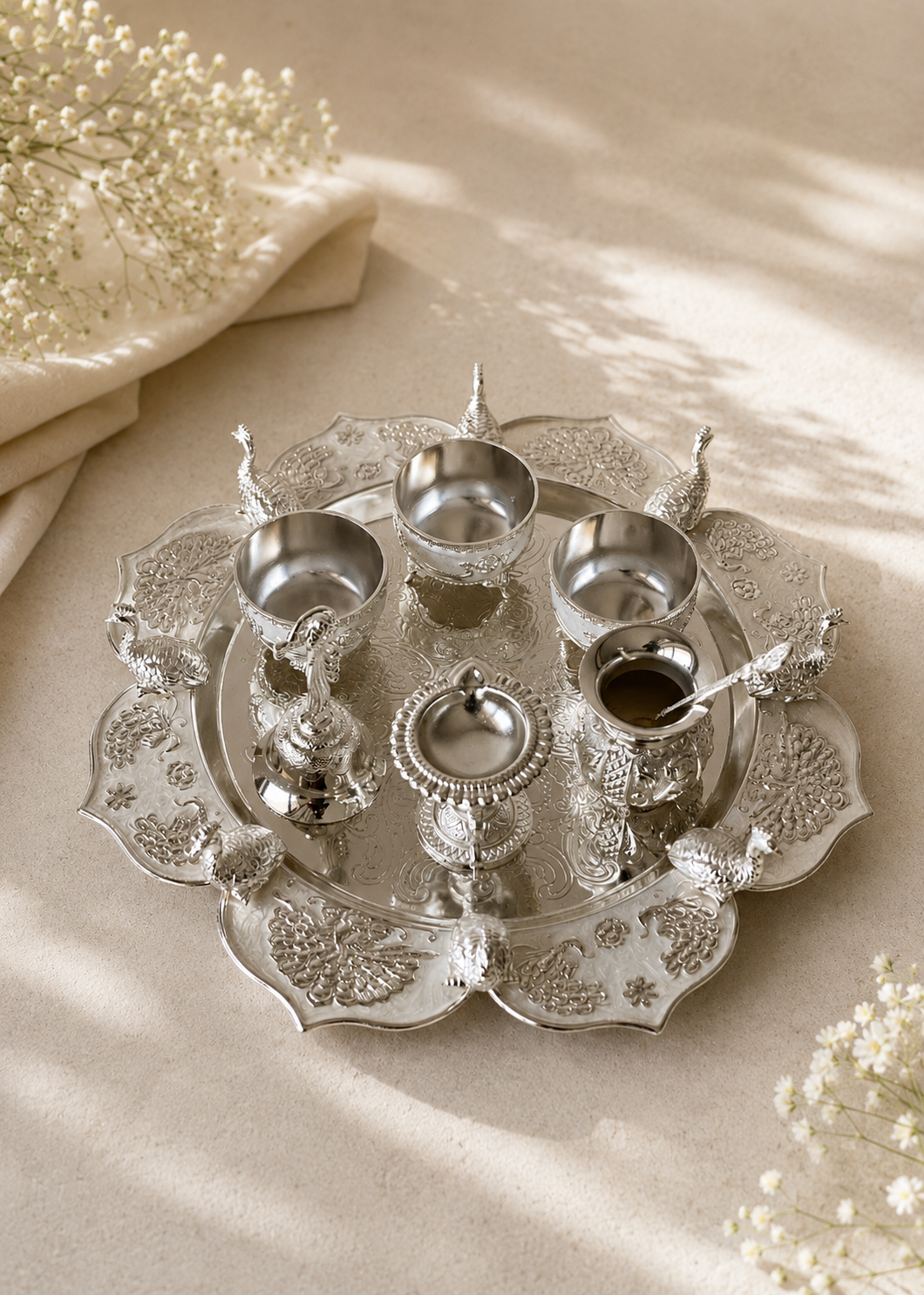 Festive Silver Peacock Pooja Thali