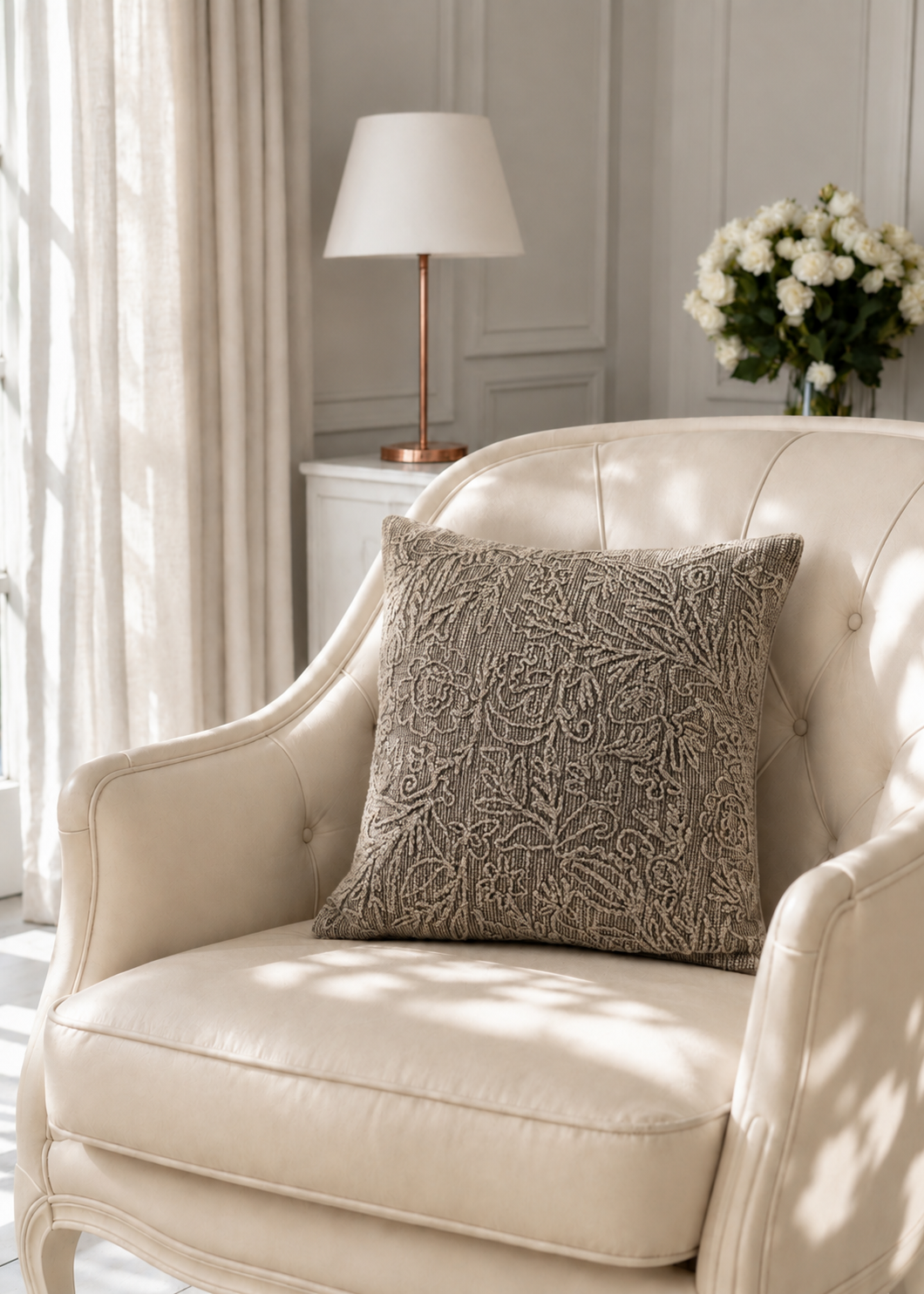 Taupe Floral Embroidered Cushion Cover