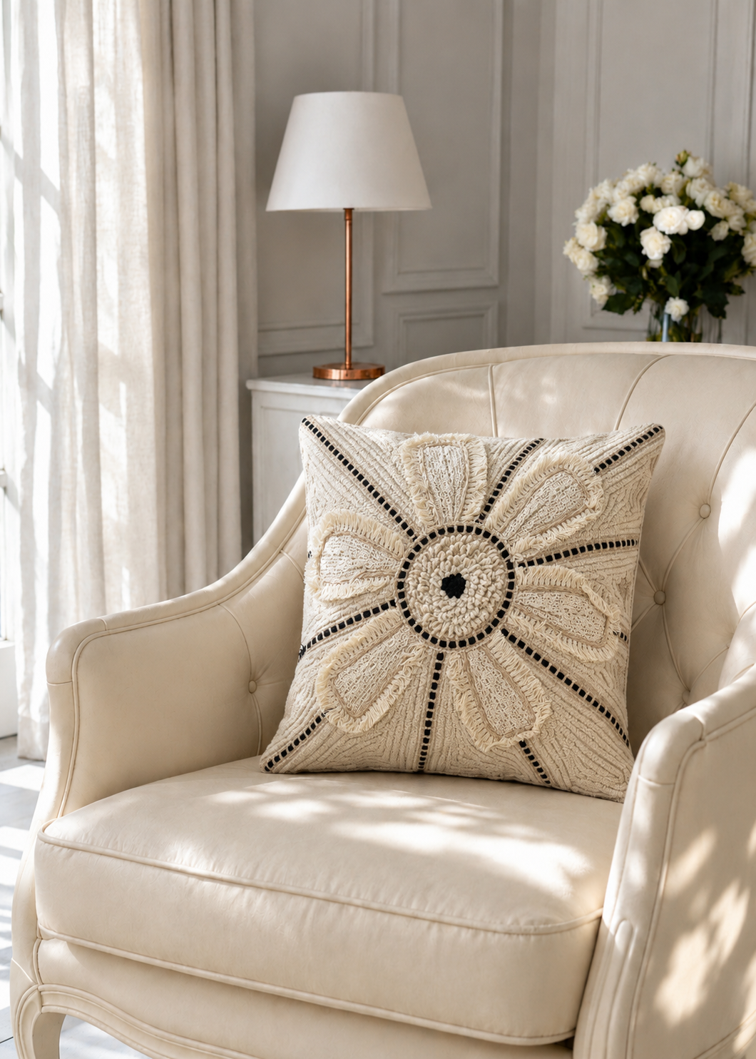 Cream Boho Embroidered Cushion Cover