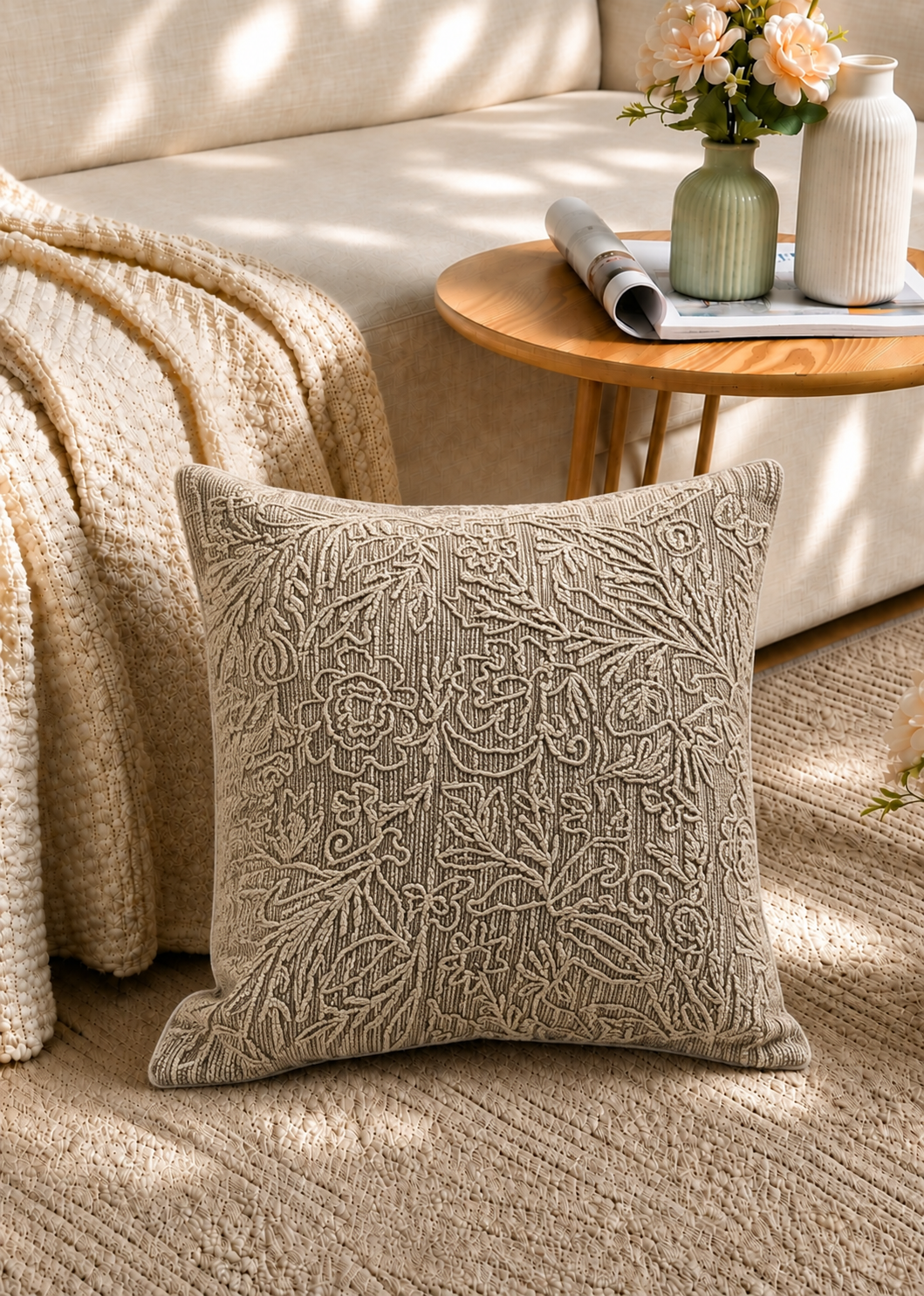 Taupe Floral Embroidered Cushion Cover