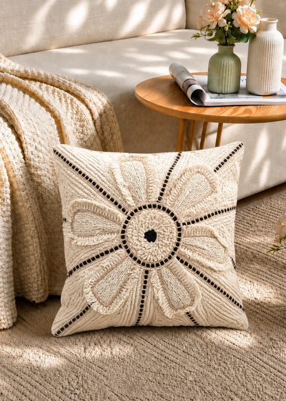 Cream Boho Embroidered Cushion Cover