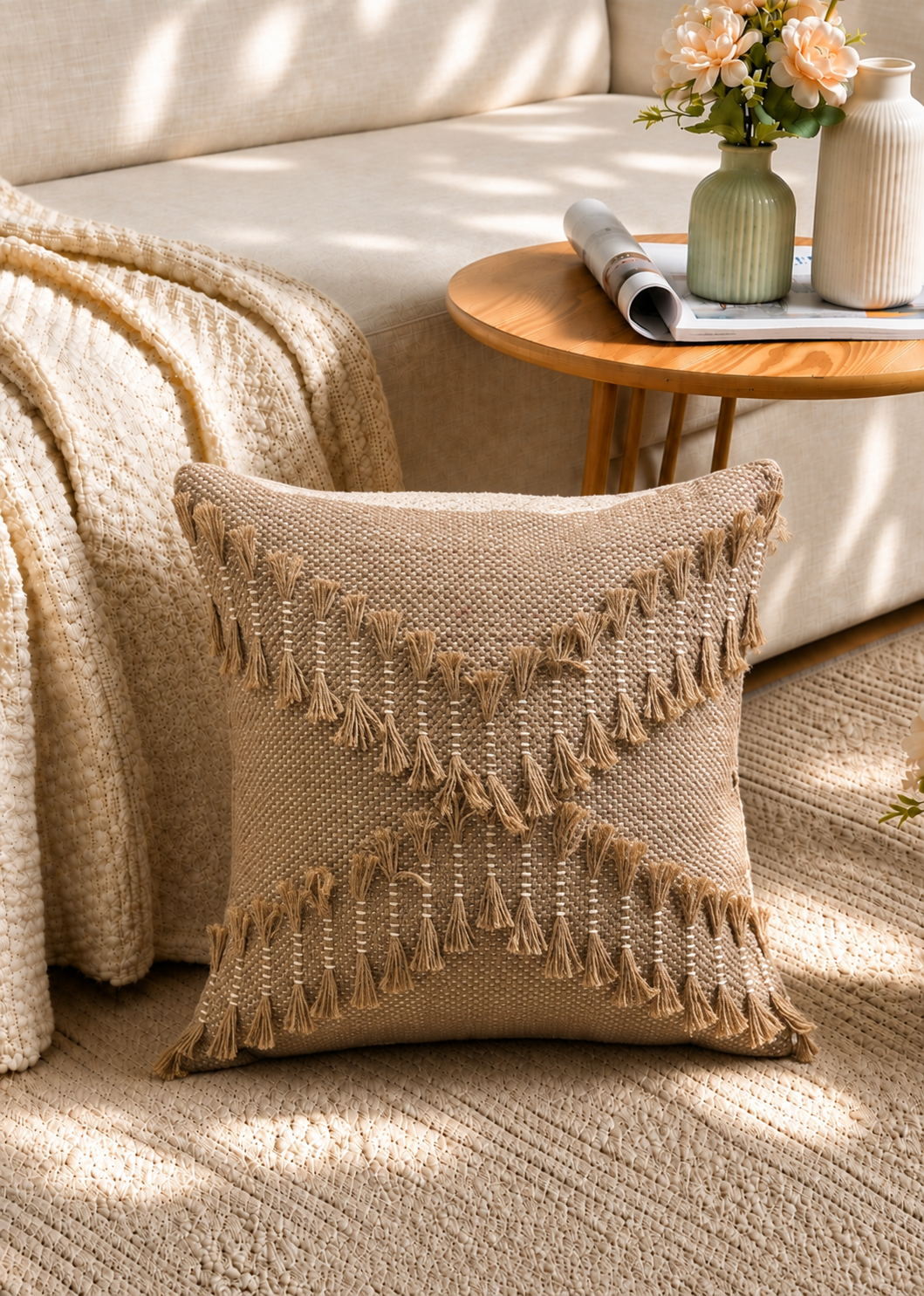 Beige Boho Textured Cushion Cover