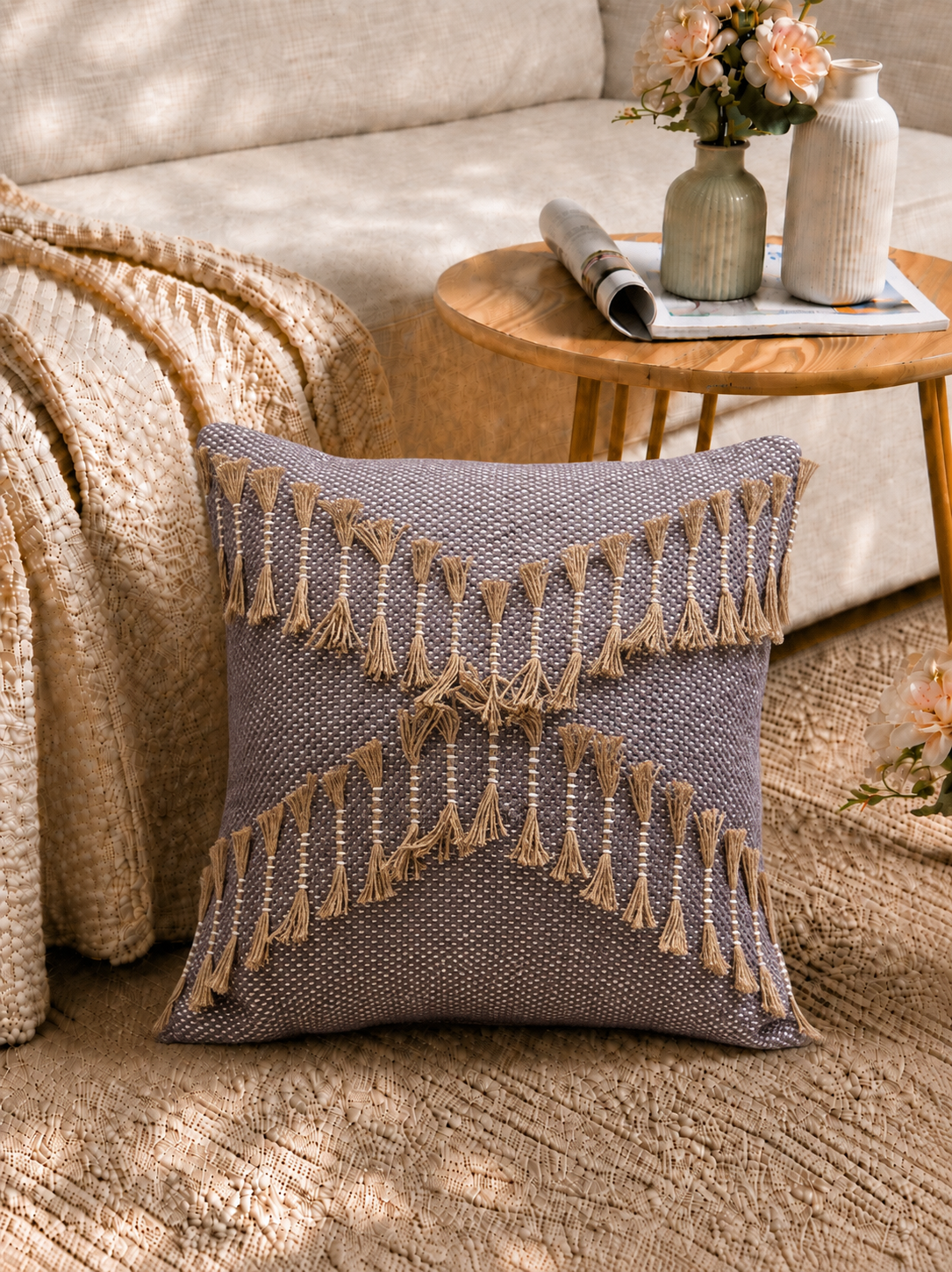Grey Boho Textured Cushion Cover