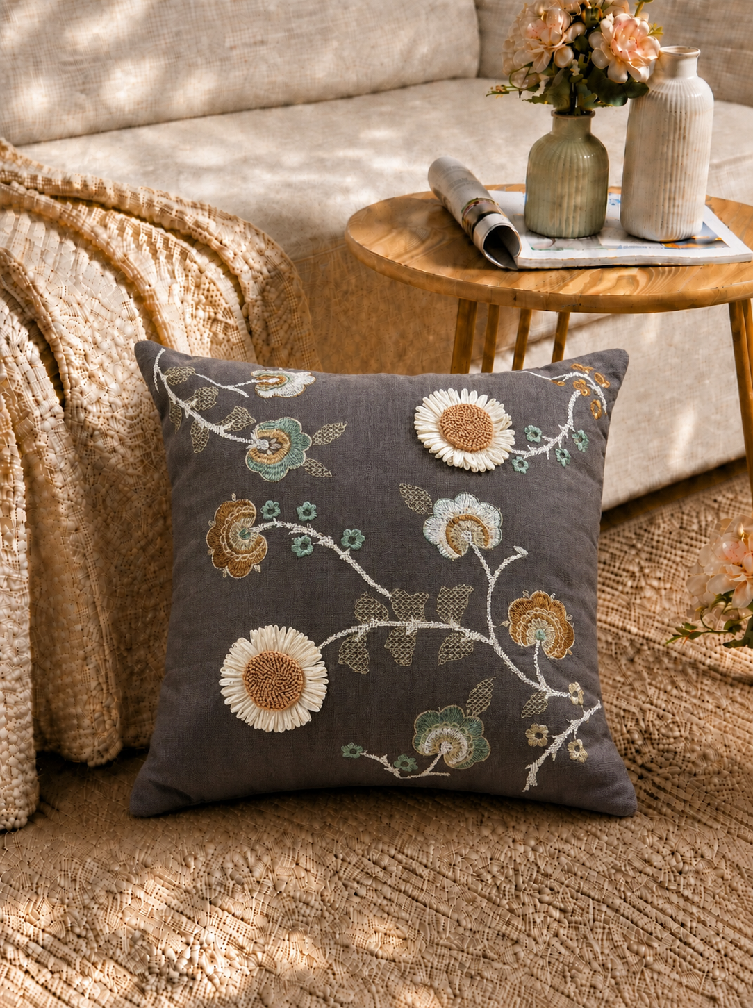 Grey Floral Applique Cushion Cover