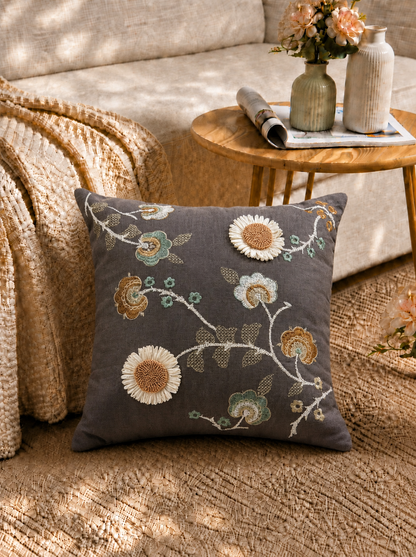 Grey Floral Applique Cushion Cover