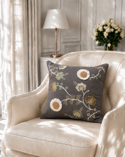 Grey Floral Applique Cushion Cover