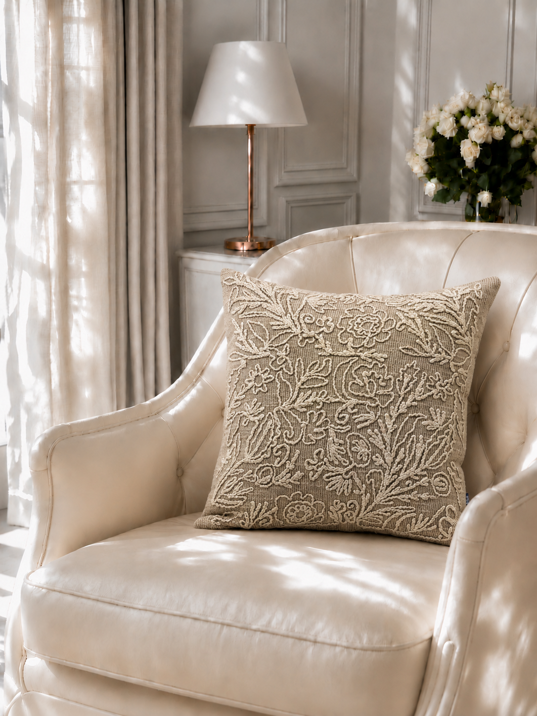 Beige Floral Embroidered Cushion Cover