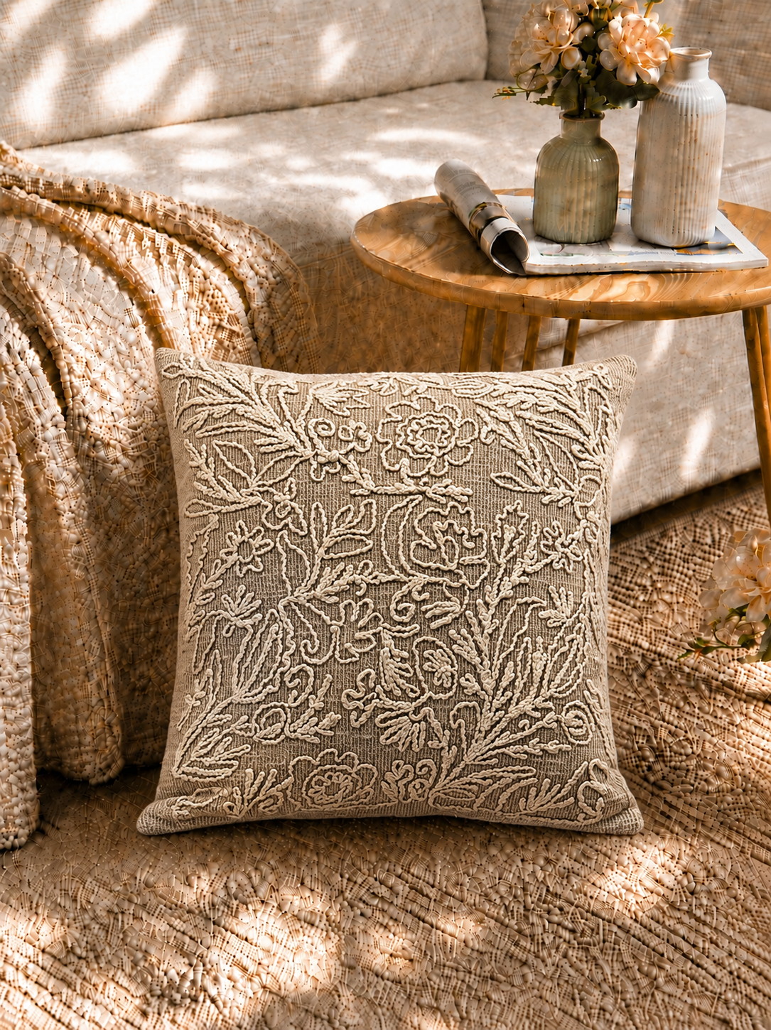 Beige Floral Embroidered Cushion Cover