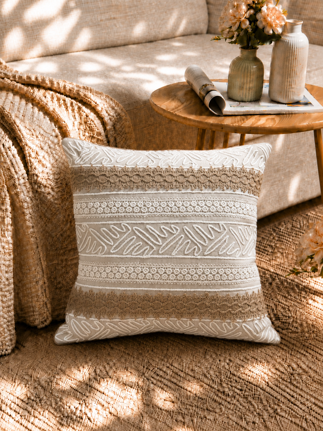 Neutral Boho Lace Cushion Cover