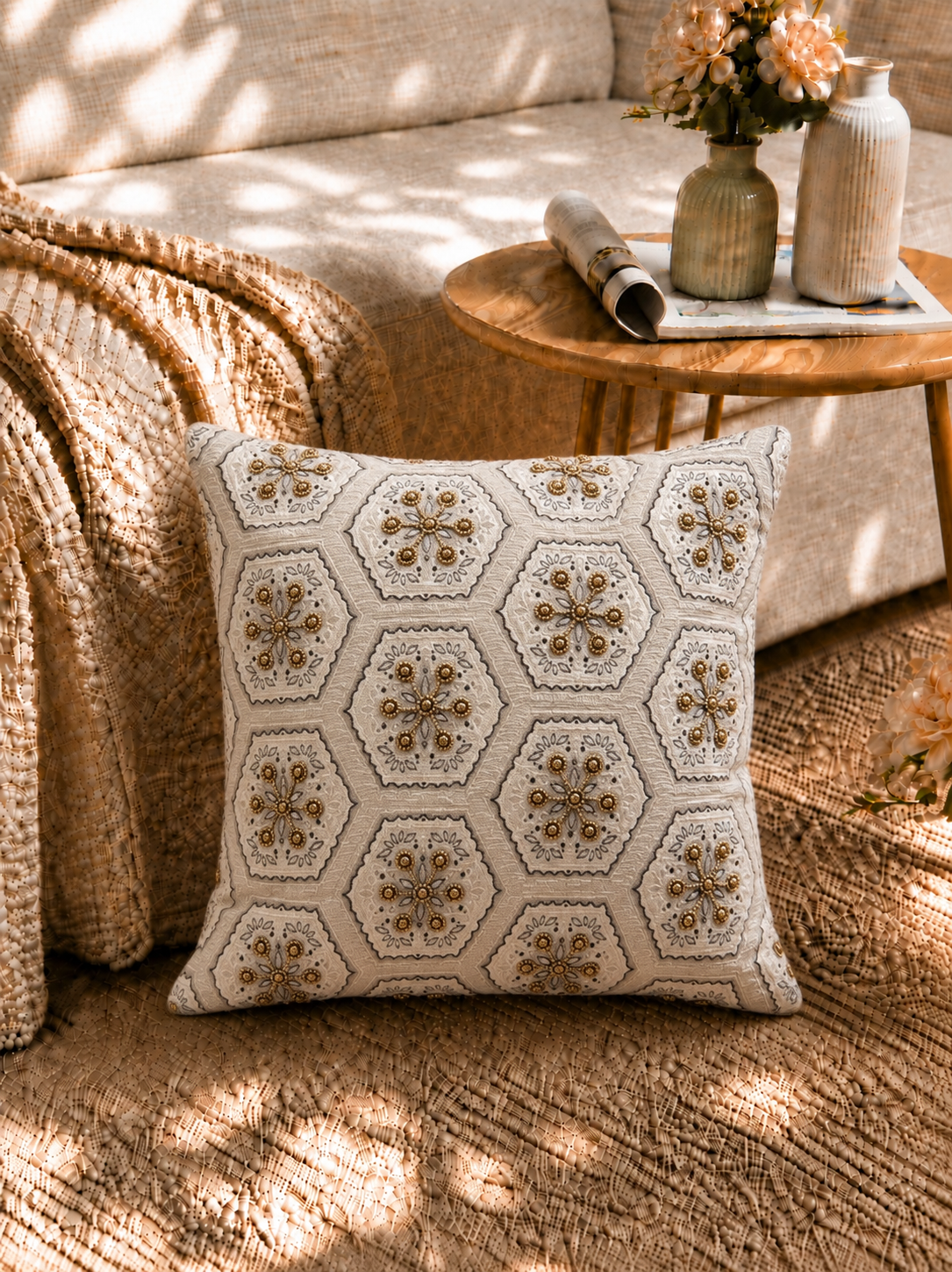 Ivory Floral Medallion Cushion Cover