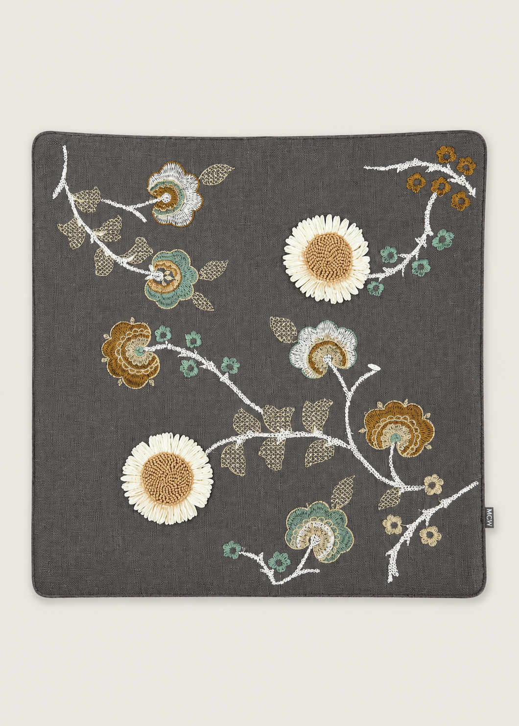 Grey Floral Applique Cushion Cover