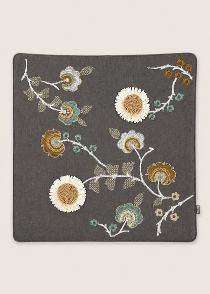 Grey Floral Applique Cushion Cover