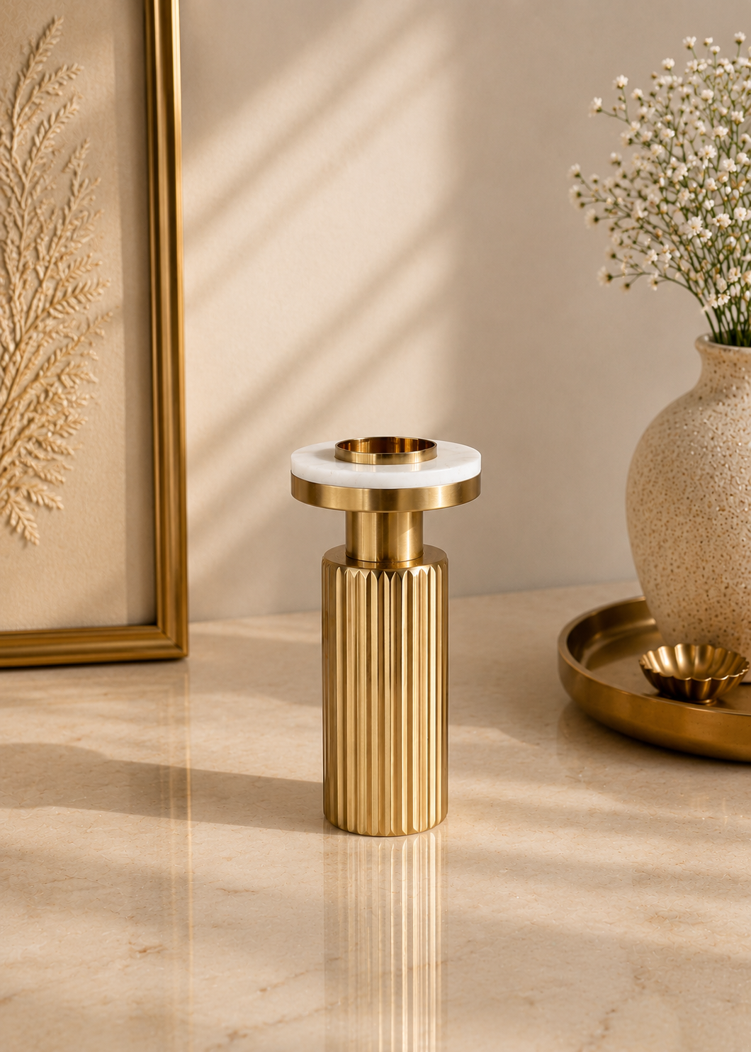 Gold Fluted Marble Candle Holder Set