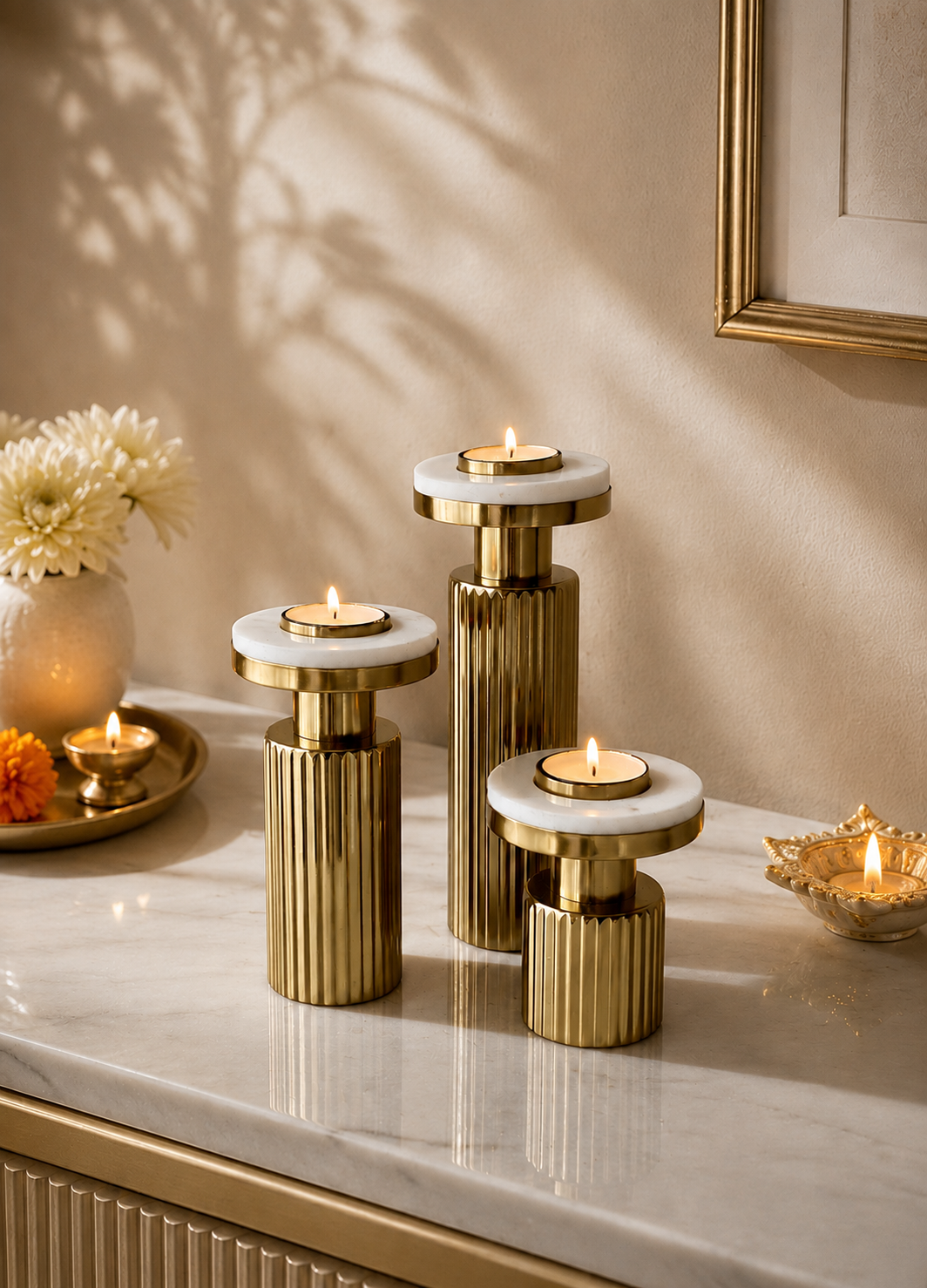 Gold Fluted Marble Candle Holder Set