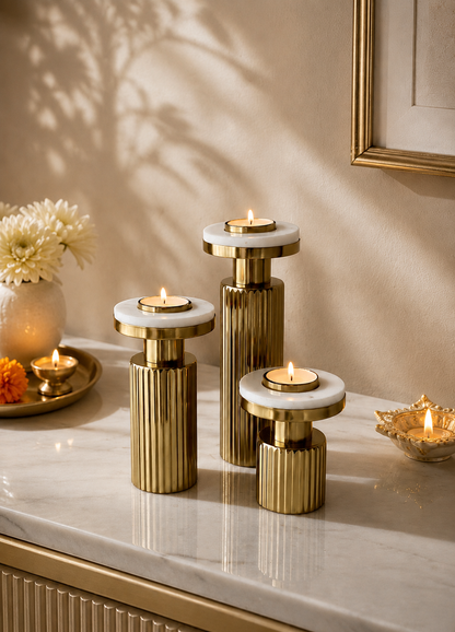 Gold Fluted Marble Candle Holder Set