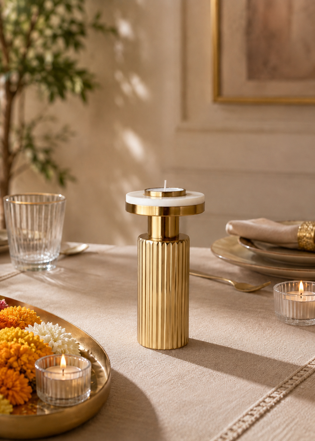 Gold Fluted Marble Candle Holder Set