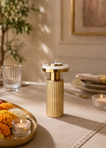 Gold Fluted Marble Candle Holder Set