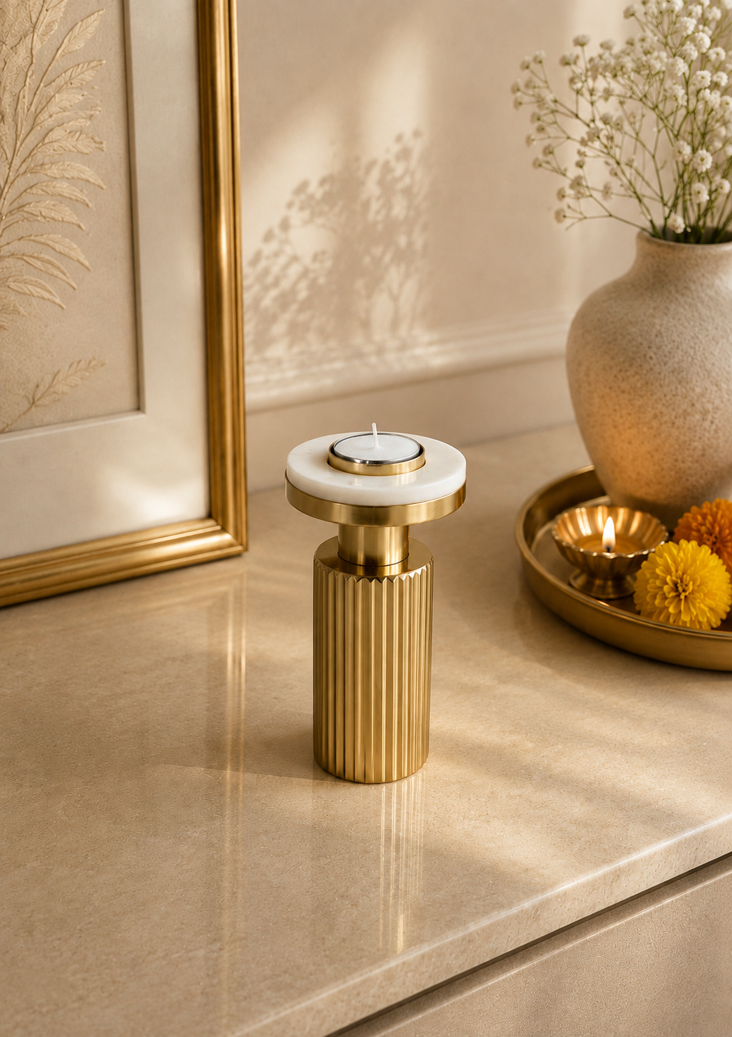 Gold Fluted Marble Candle Holder Set