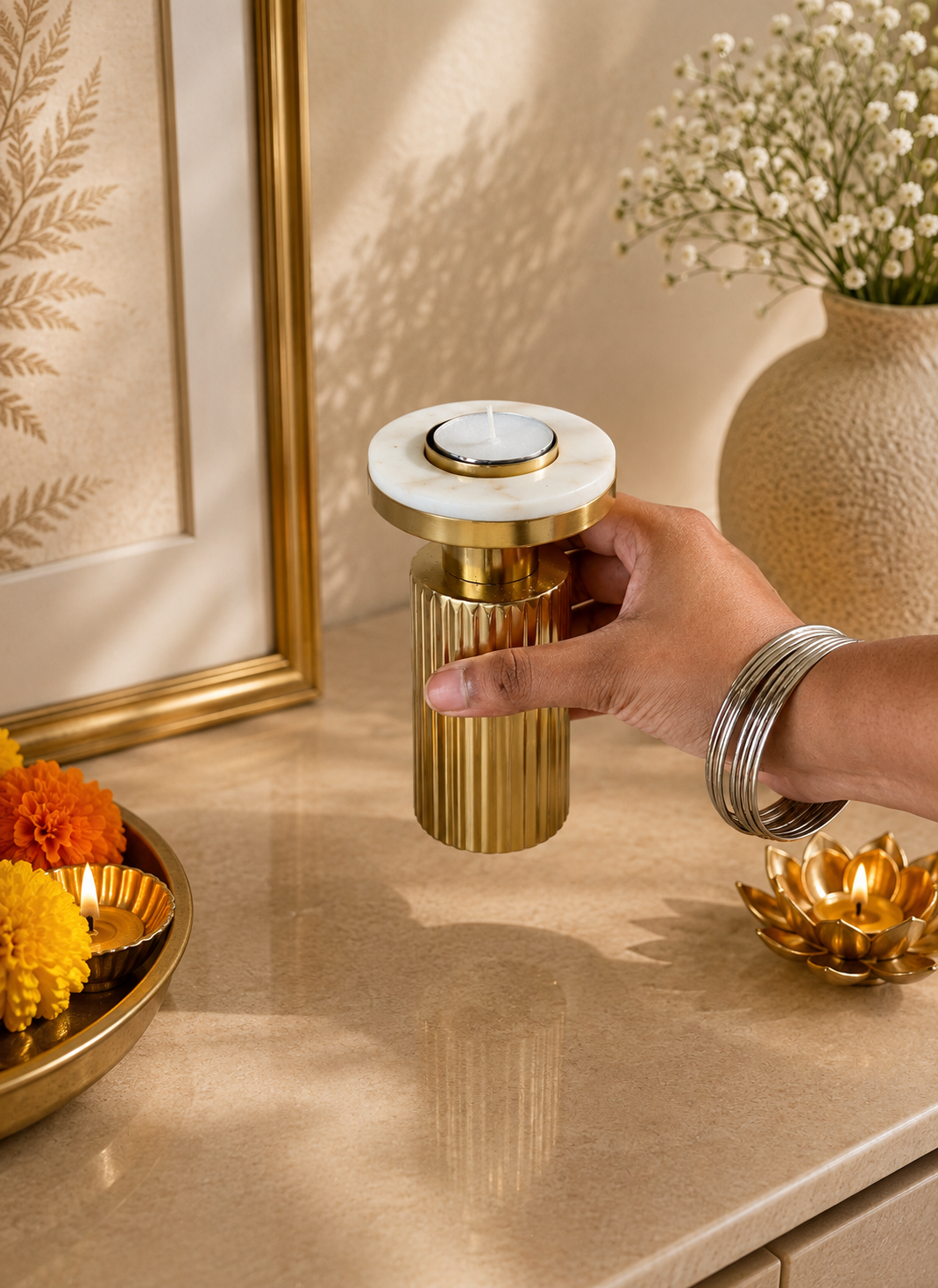 Gold Fluted Marble Candle Holder Set