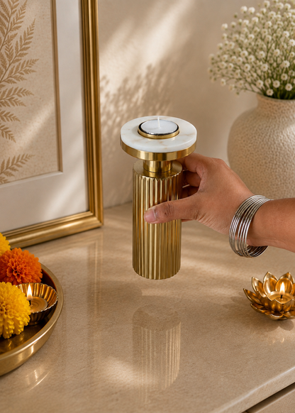 Gold Fluted Marble Candle Holder Set
