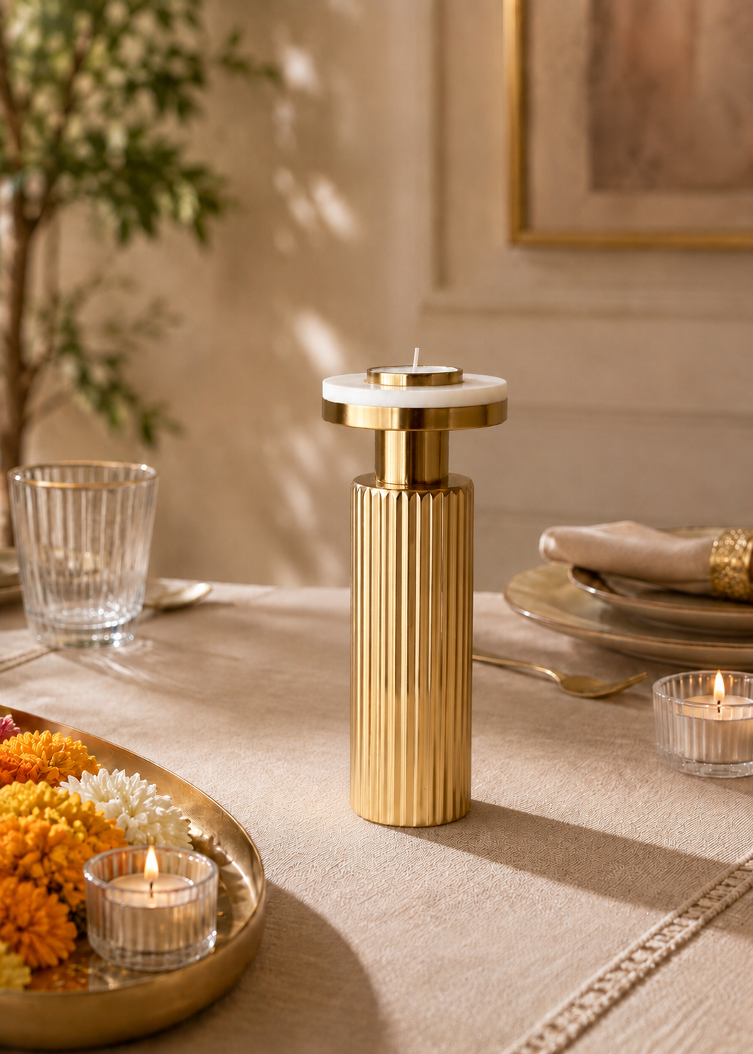 Gold Fluted Marble Candle Holder Set