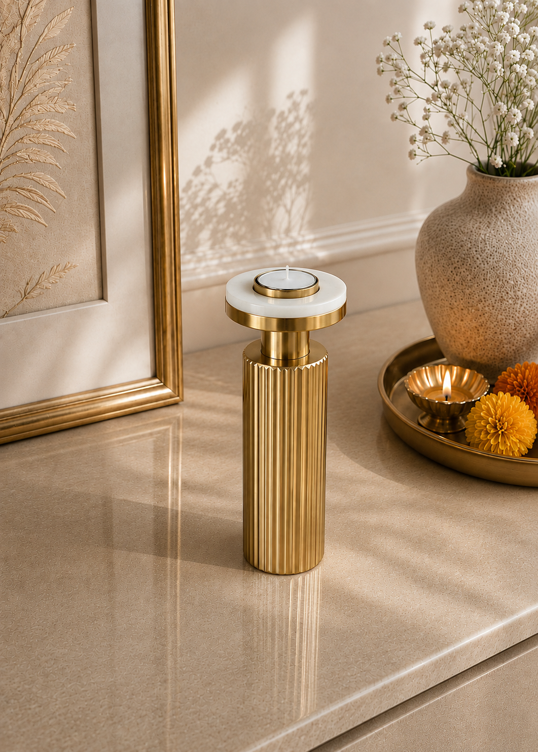 Gold Fluted Marble Candle Holder Set