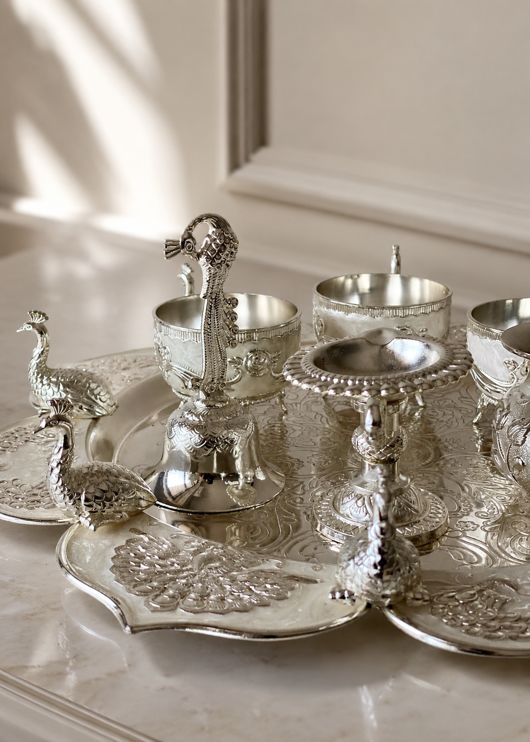 Festive Silver Peacock Pooja Thali