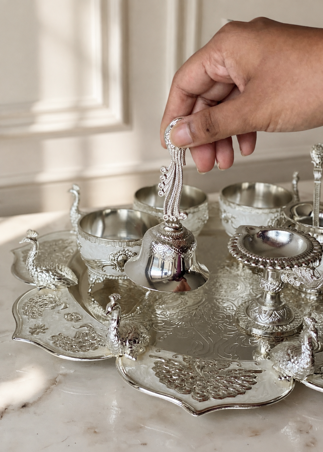 Festive Silver Peacock Pooja Thali