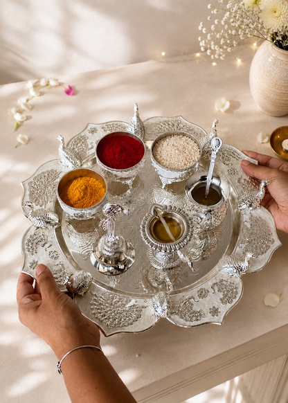 Festive Silver Peacock Pooja Thali