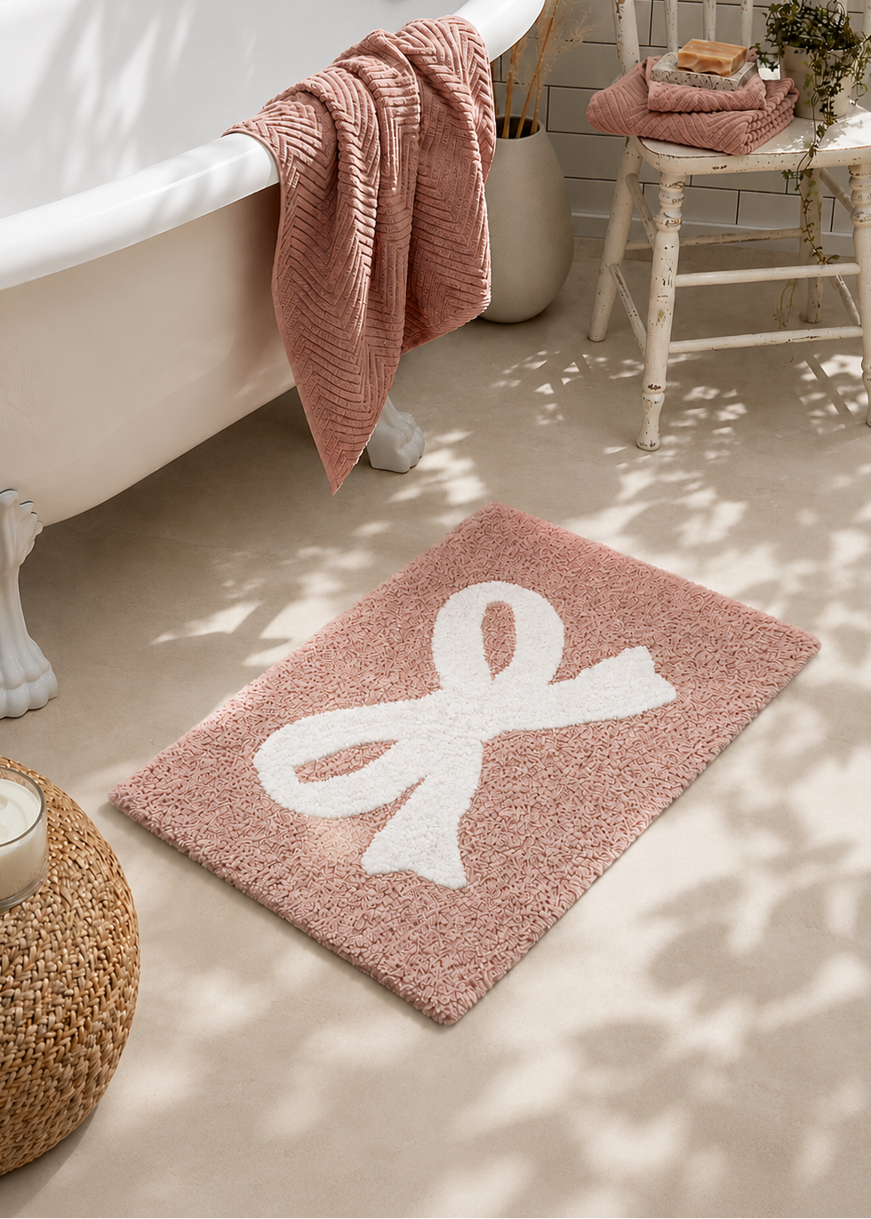 Bella Bow Anti Slip - Tufted - Cotton Bath Mat - Pink - 60 x 40 cm