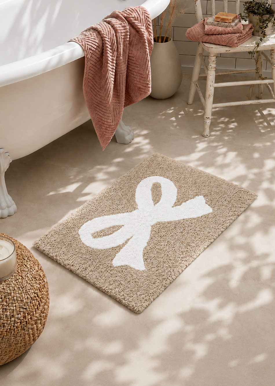 Bella Bow Anti Slip - Tufted - Cotton Bath Mat - Beige - 60 x 40 cm