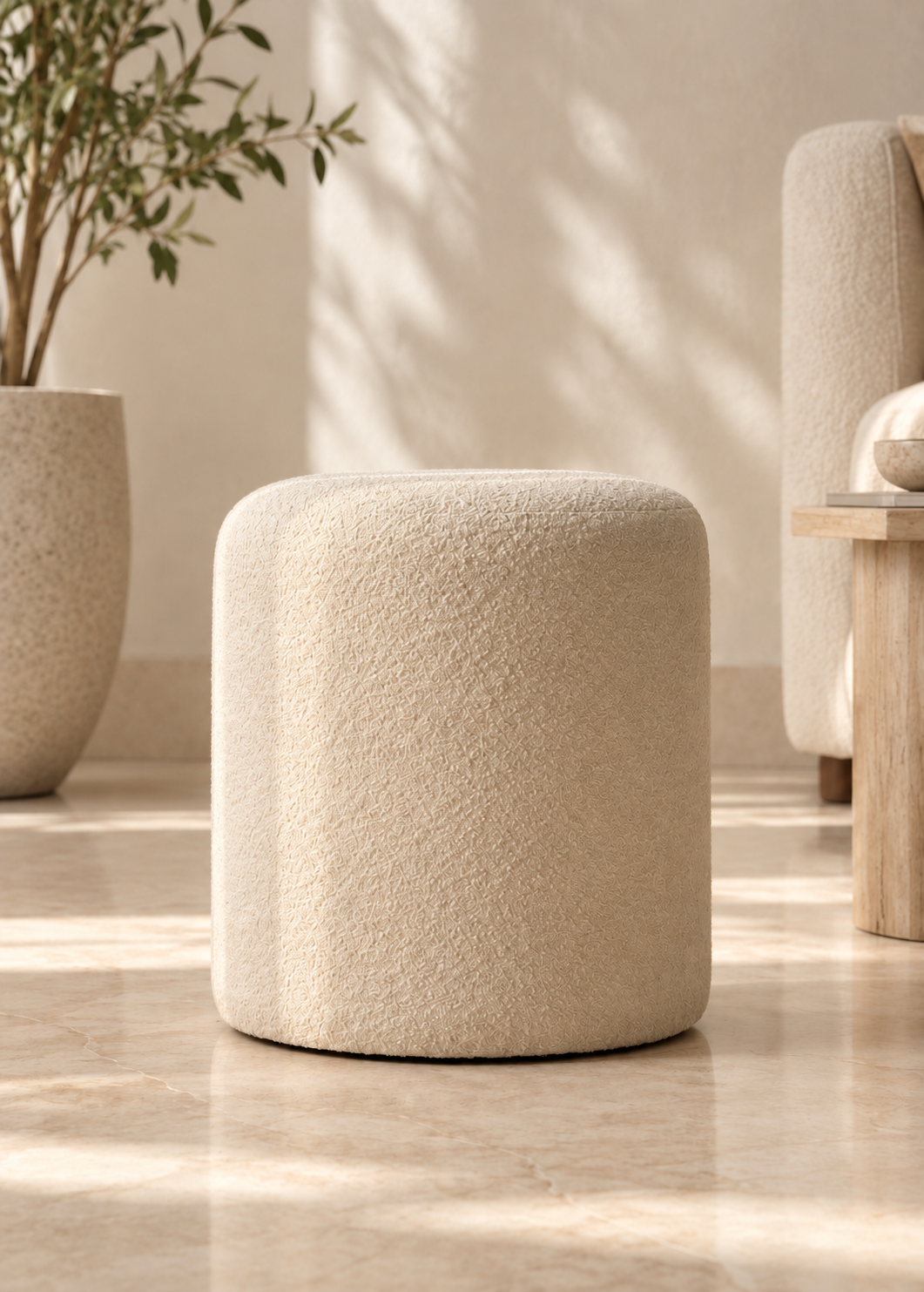 Bouclé Pouffe White