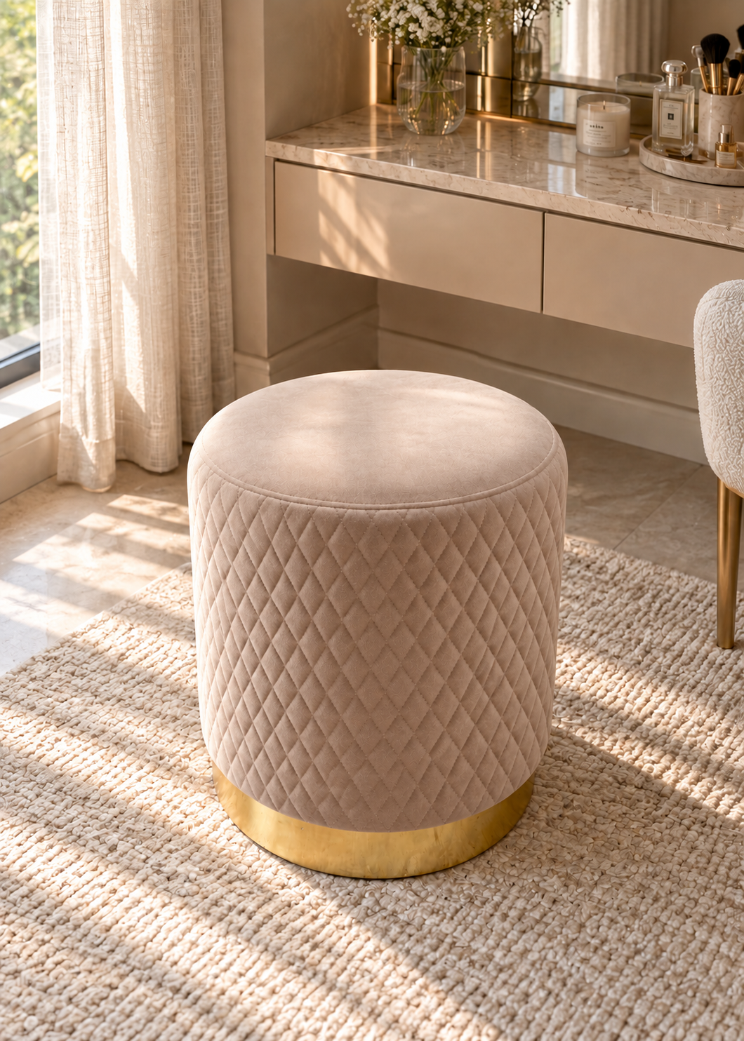 Alexandria Quilted Beige Velvet Pouffe
