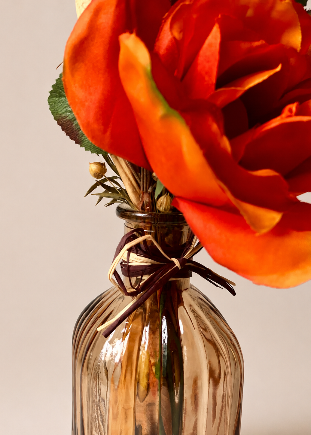 Artificial Orange Rose Bunch with Vase