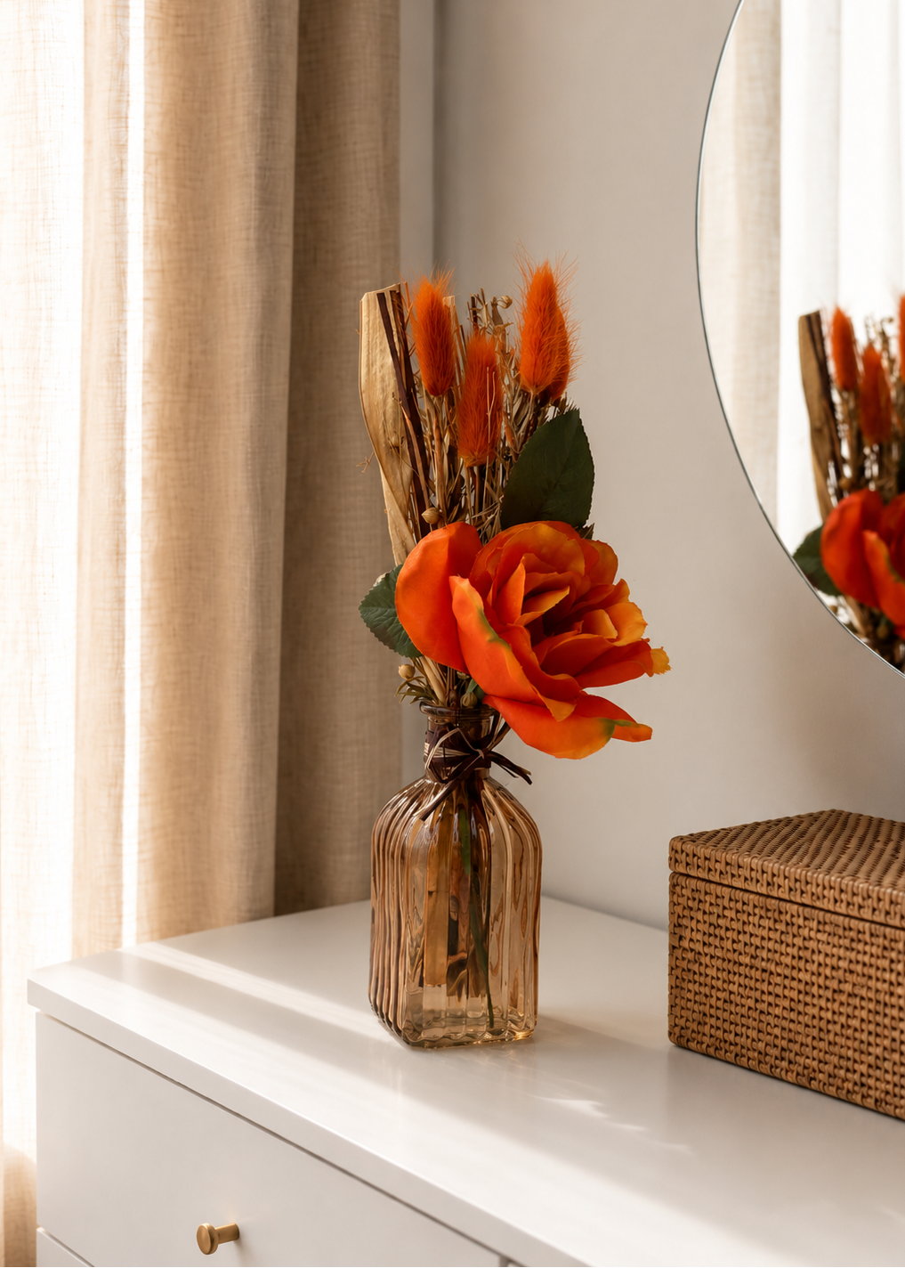 Artificial Orange Rose Bunch with Vase