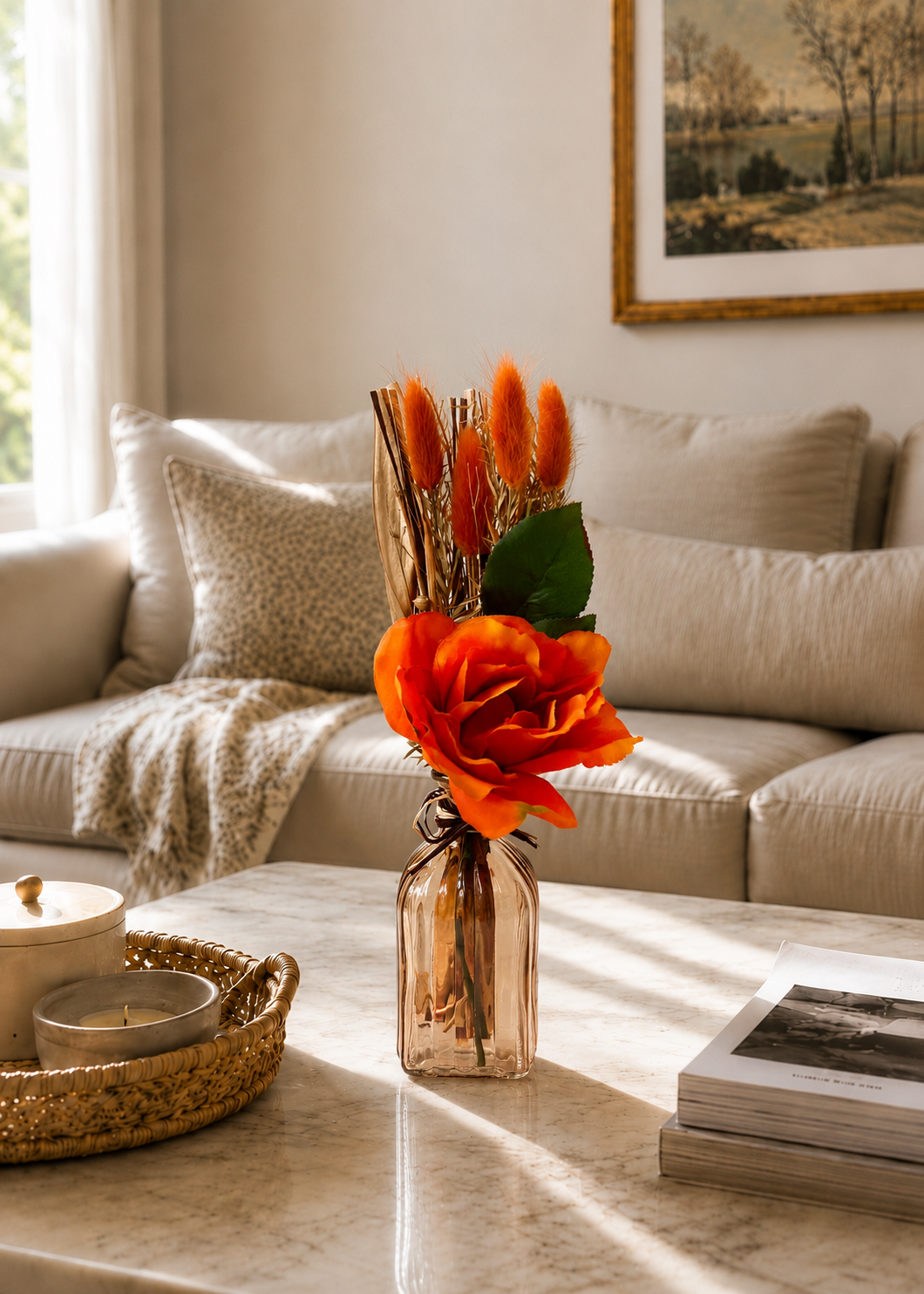 Artificial Orange Rose Bunch with Vase