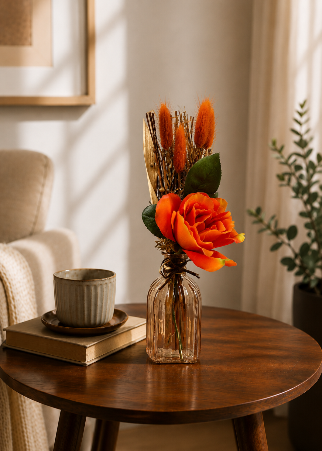 Artificial Orange Rose Bunch with Vase