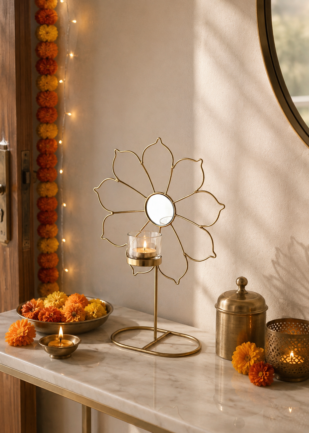 Inaya Tall Ferris Bloom Gold Tea Light Holder