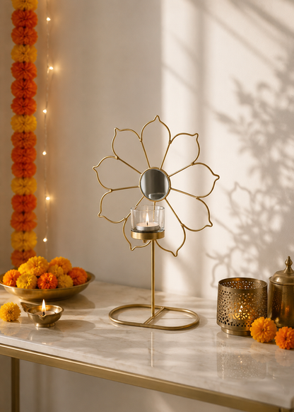Inaya Tall Ferris Bloom Gold Tea Light Holder