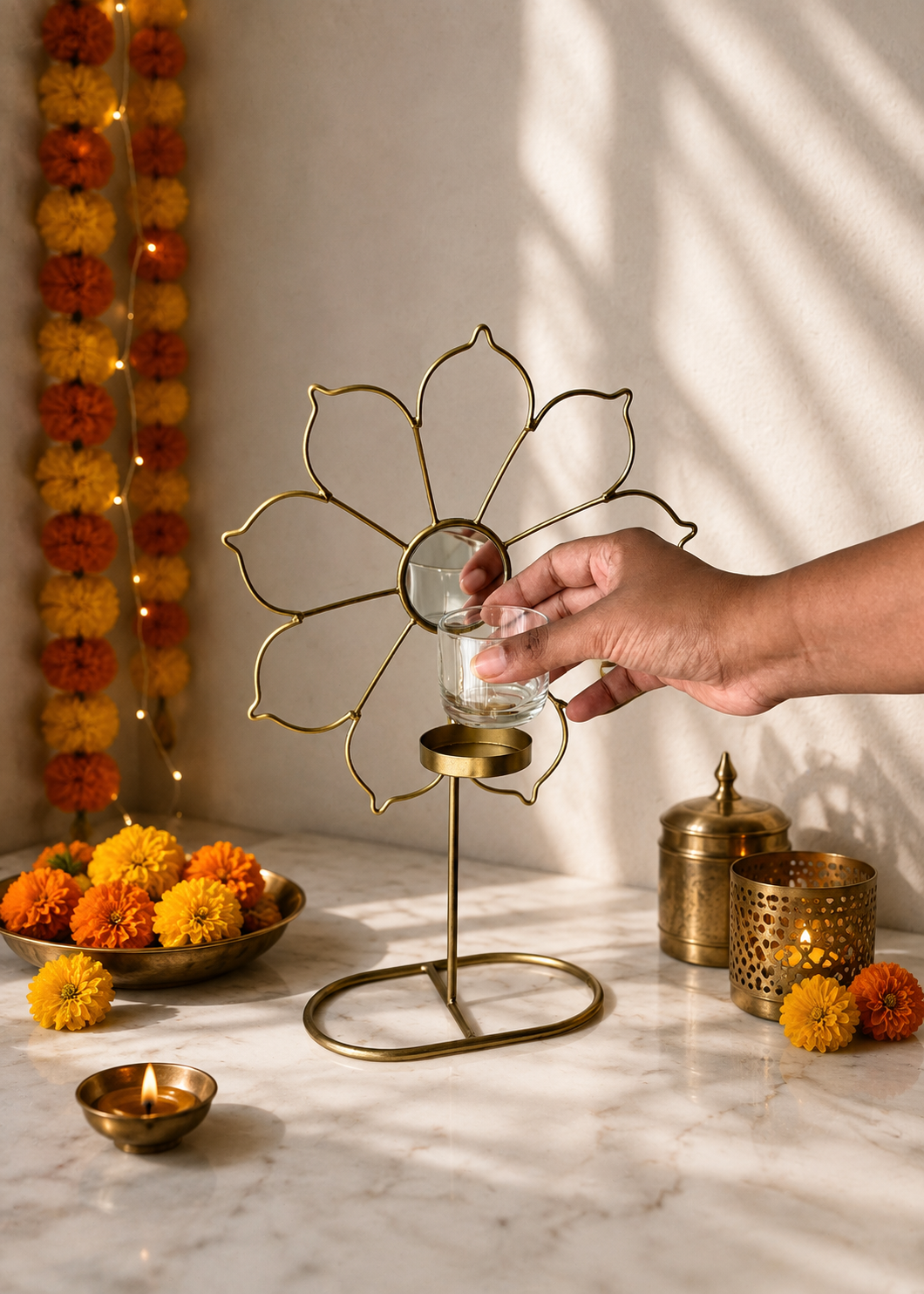 Inaya Tall Ferris Bloom Gold Tea Light Holder