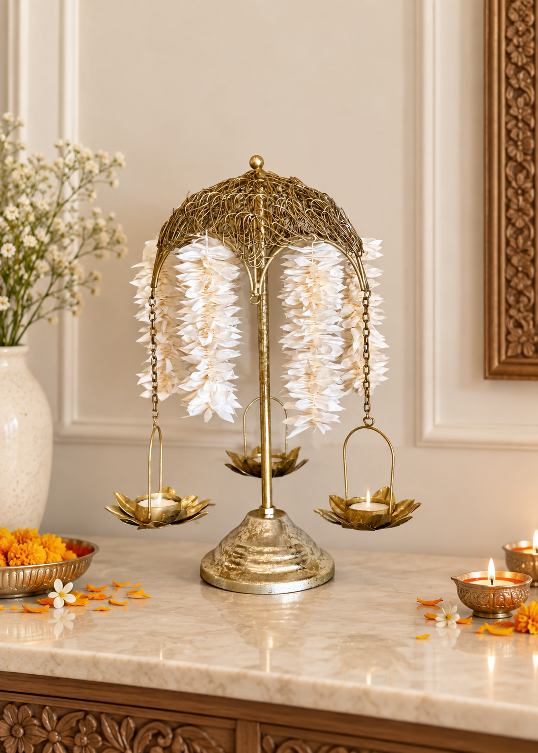 Antique Lotus Diya Stand - Small