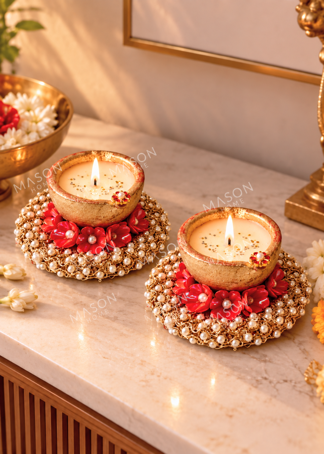 Handmade Clay Rustic Pearl Blossom Diya - Set of 2