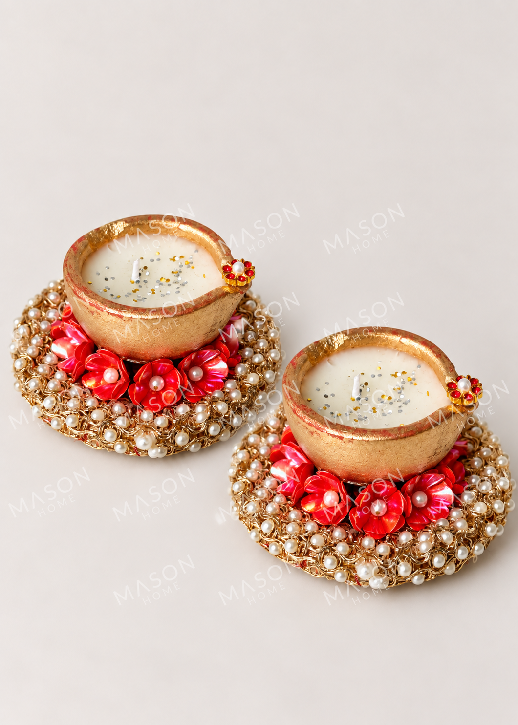 Handmade Clay Rustic Pearl Blossom Diya - Set of 2