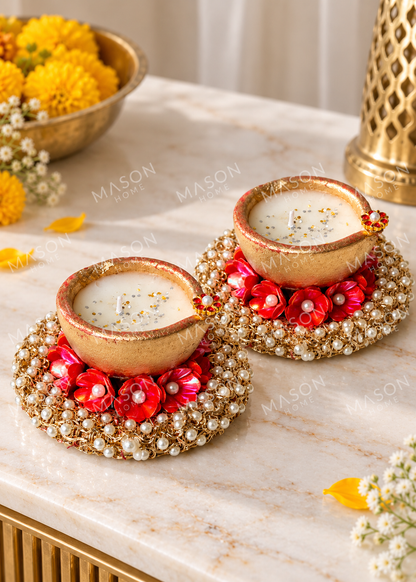 Handmade Clay Rustic Pearl Blossom Diya - Set of 2