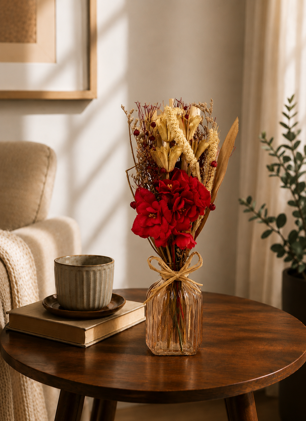 Artificial Crimson Flower Bunch with Vase